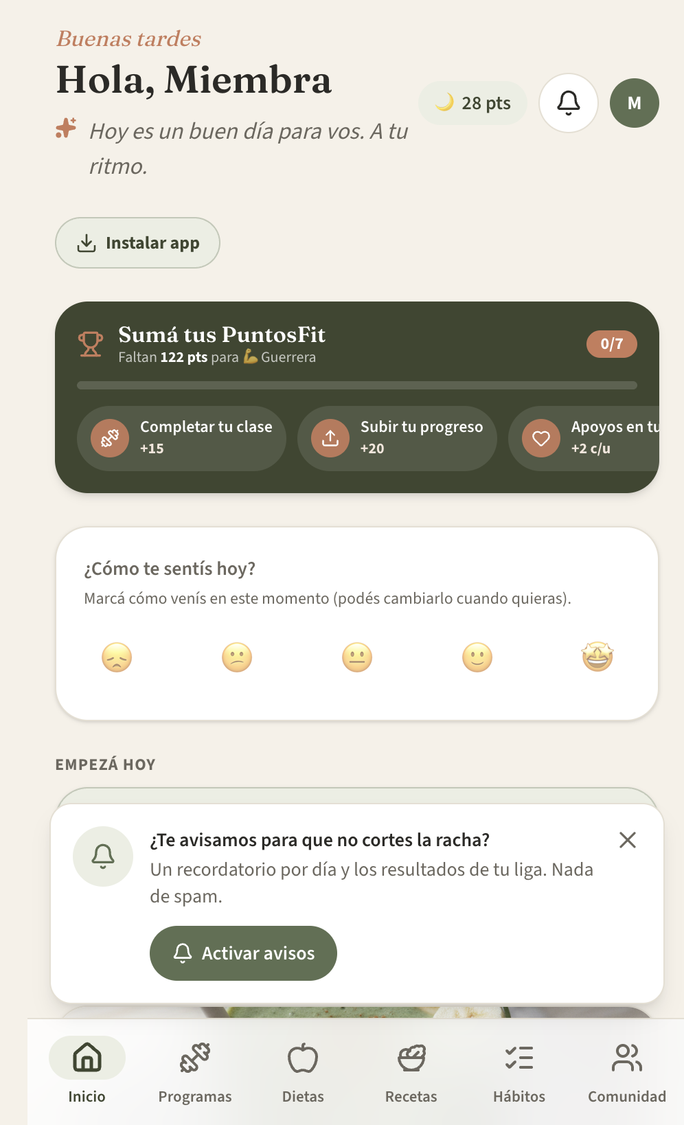 Pantalla de inicio de la app SuperaTe